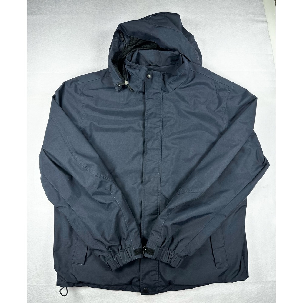 Eddie Bauer Mens Large Navy Blue Hooded Rain Jacket Removable Hood Nylon Shell